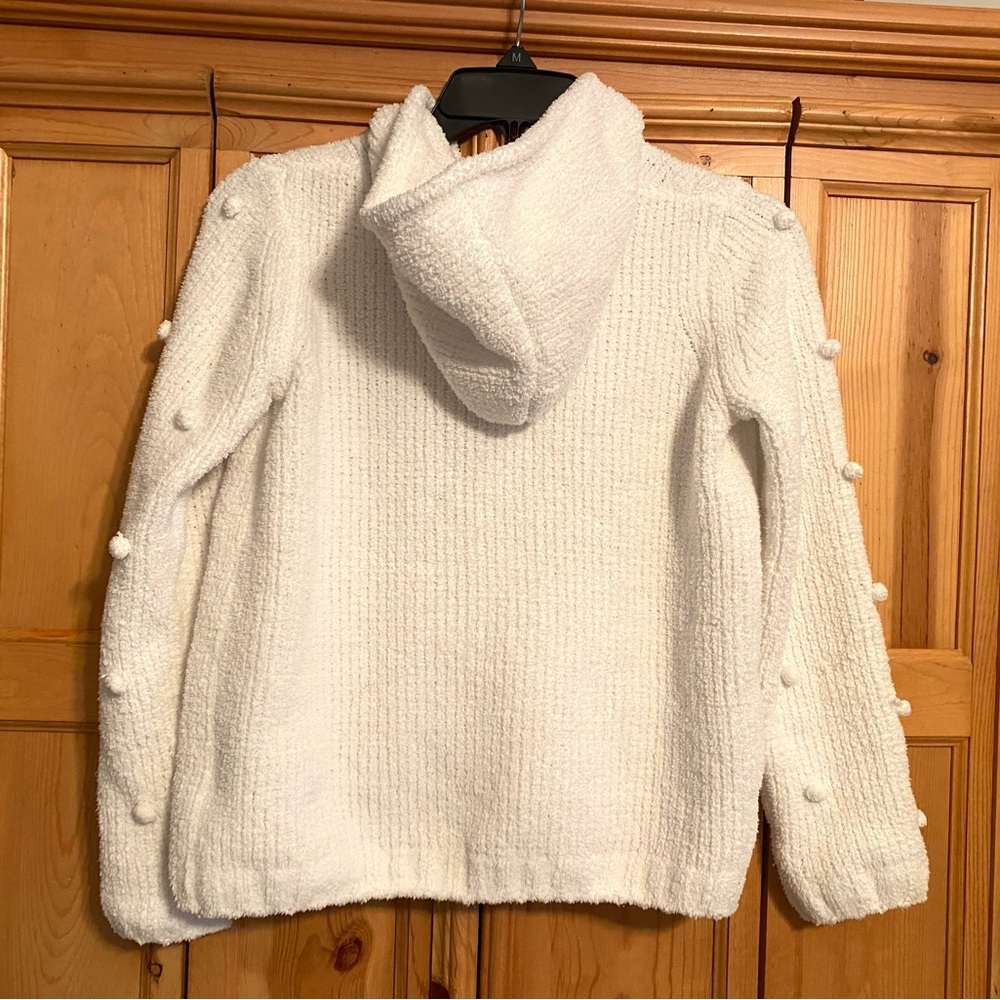 Hanna Andersson White Hooded Cardigan Sweater Zip Up Pom Poms Size 140 US 10 - Picture 5 of 9